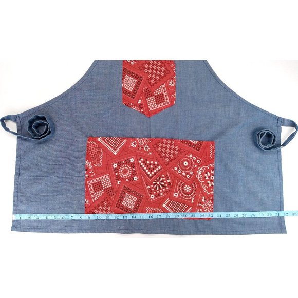 Vintage Handmade Denim Bandana Bib Apron 1970s Red 5 Pockets Handkerchief Adjust - Picture 4 of 8